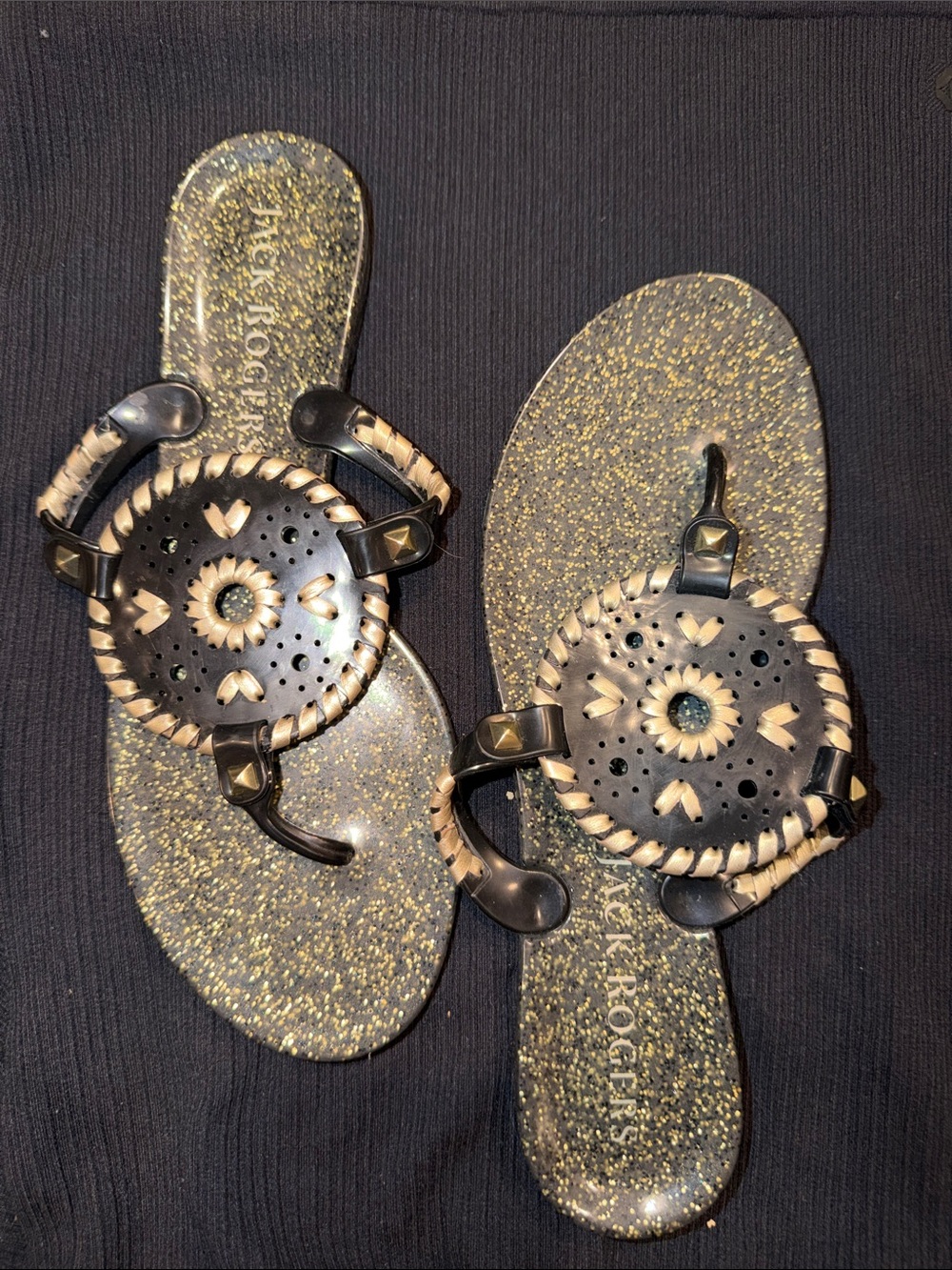 Jack Rogers Black Sandals with Gold Speckle and Braided Detail